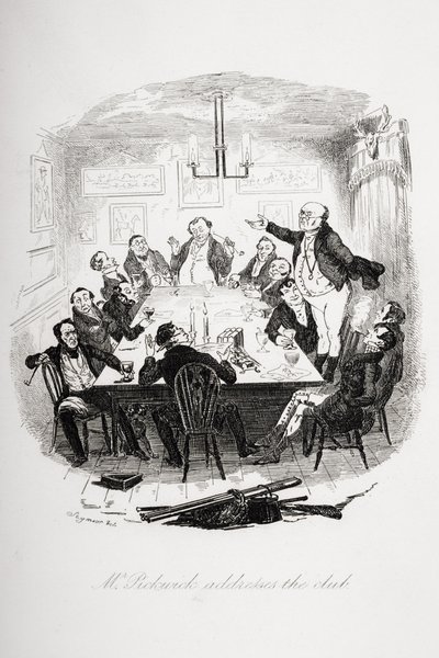 Mr. Pickwick addresses the club, illustration from 